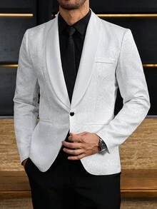 Manfinity AFTRDRK Men's Suit Jacket, Fashion Party Solid Color Blazer, Elegant Matching For Banquet, Jacquard Glossy Fabric, Casual Suit Jacket For Experts, Old Money - White - View 5