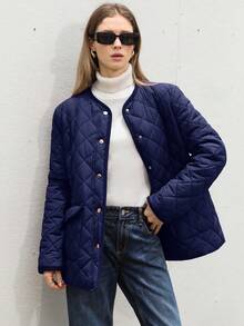 Aveloria Modichic 通勤休闲菱形图案缝合金属扣腰带，修身女士加厚棉服外套冬季 - 藍色 - 查看 3