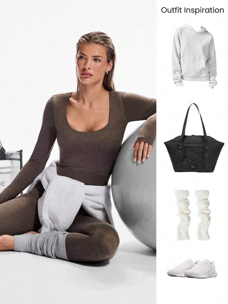 Combinaison-body à manches longues avec encolure dégagée, contrôle du ventre, pouce trous, 24 po, en velours doux. Convient pour le yoga, le pilates, l'usage quotidien décontracté. Avec bonnets amovibles.