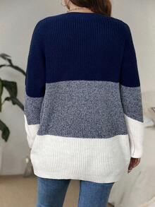 SHEIN LUNE 秋冬大码拼色V领休闲套头衫 - 藏蓝色 - 查看 2