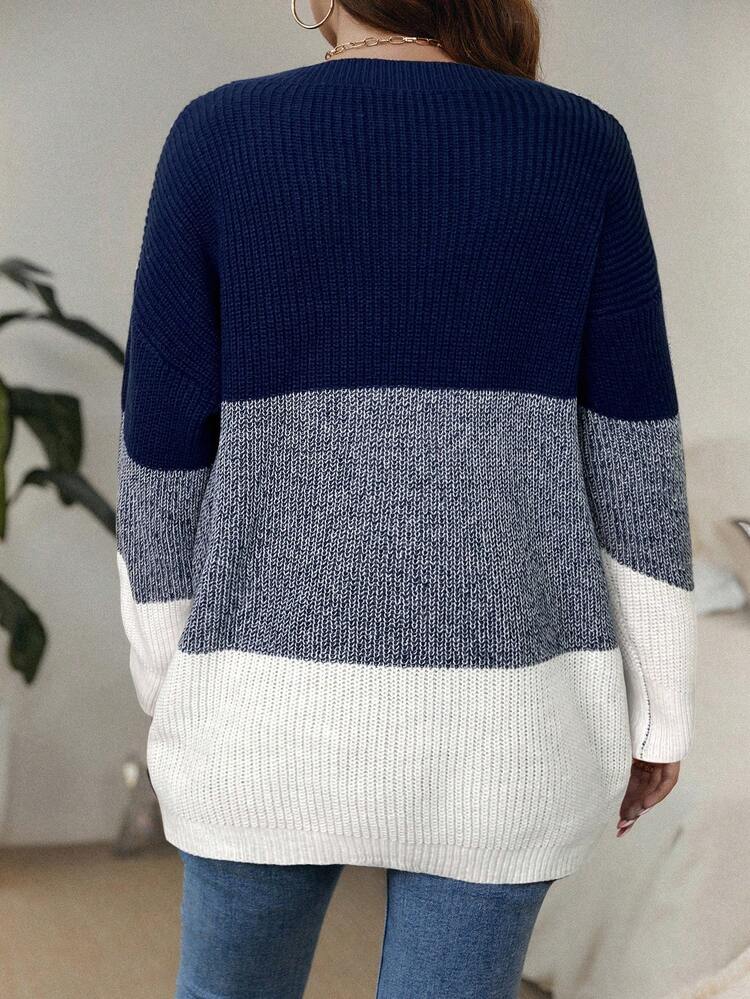 SHEIN LUNE 秋冬大码拼色V领休闲套头衫 - 藏蓝色 - 查看 2