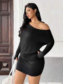 Auralis 大码女装黑色连衣裙，露肩连衣裙，休闲女装，不对称女装，斜肩连衣裙，秋季可爱连衣裙，长袖连衣裙