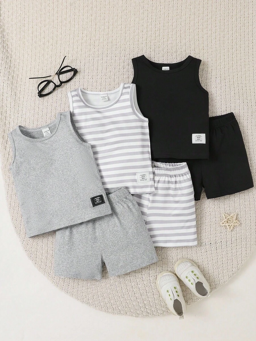 SHEIN Playful Pals Bộ trang phục mùa hè 6 món cho bé trai/bé gái, gồm 3 màu: Đen, Trắng, Áo không tay và quần short kẻ sọc, Thoải mái, Thường ngày, Đa năng và Thích hợp để mặc hàng ngày - Xám - Xem 1