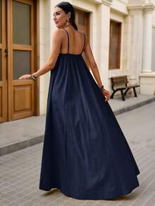 Brillora Women's Loose Solid Color Woven Dress, Suitable For Spring/Summer Vacation - Blue - View 2