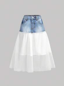 SHEIN Young Girl Casual Blue With White Long Skirt, Fall Kid's Casual And Comfortable Wear, Beach For Kid , Graduation - Light Wash - View 2