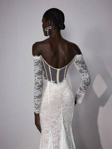 Elitara 女士优雅浪漫奢华全蕾丝露肩长袖花卉蕾丝拼接鱼尾下摆露背U领长款婚纱 - 杏色 - 查看 2