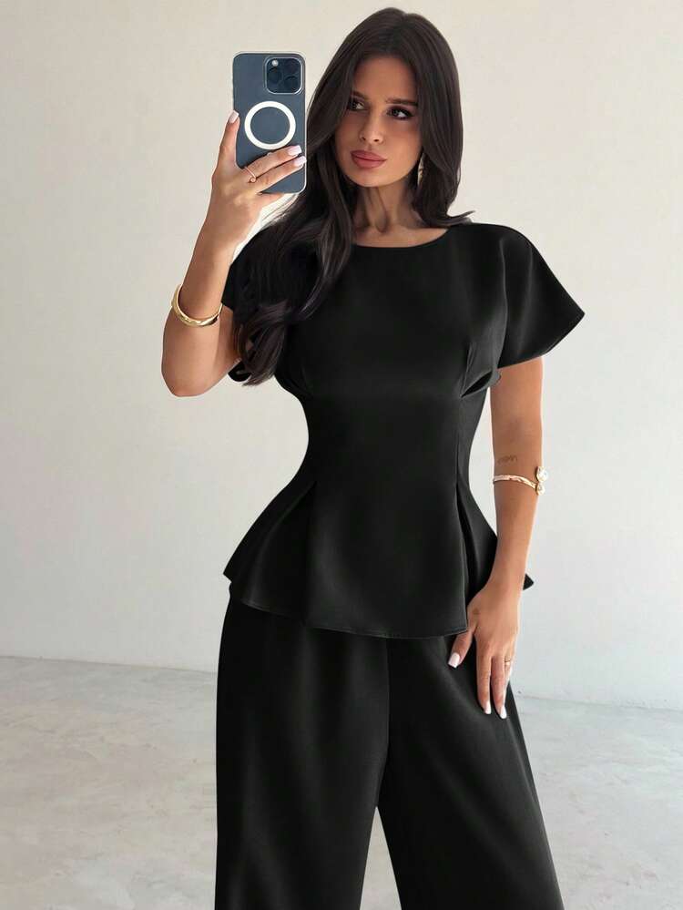 Firerie 2 件套女士优雅通勤和度假复古风格服装，包括宽松圆领短袖褶皱衬衫上衣和阔腿裤，适合办公室、教师装、机场、旅行 - 黑色 - 查看 4