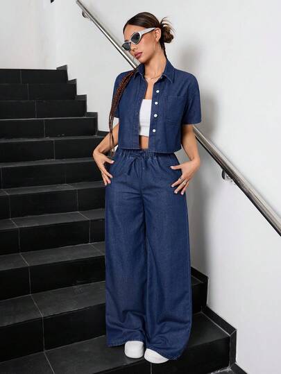 SHEIN Set 2pcs/Setelan Baju Pendek Denim Biru Tua dan Celana Longgar untuk Remaja Perempuan
