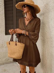 SHEIN LUNE Váy ngắn ngày lễ tay loe phối ren chắp vá màu nâu dành cho nữ - màu nâu - Xem 4