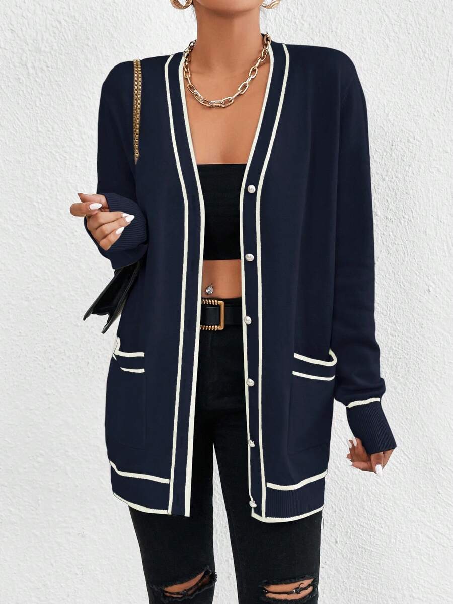 EMERY ROSE Casual Color Block Trim Dual Pocket Cardigan, Spring/Autumn Fall Winter Cloth For Women - Navy Blue - View 1