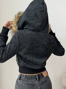 SHEIN EZwear 女士休闲蓬松连帽长袖运动衫 - 黑色 - 查看 2
