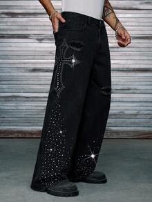 AXEPEAK 男士水洗宽松休闲水钻装饰裤 - 黑色 - 查看 6