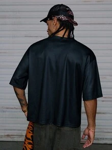 AXEPEAK 男士针织休闲宽松短袖 T 恤，时尚日常穿着 - 黑色 - 查看 2