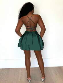 Alexandranx Đầm ngắn hở lưng gợi cảm dây mảnh mùa hè cho nữ - Màu xanh lá cây đậm - Xem 2