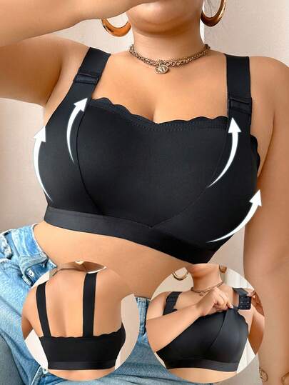 SHEIN Plus Size Solid Color Shell Trim Wireless Bra Adjustable Bra