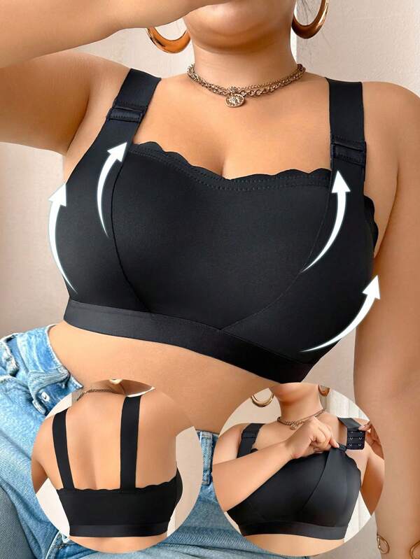 SHEIN Plus Size Solid Color Shell Trim Wireless Bra Adjustable Bra