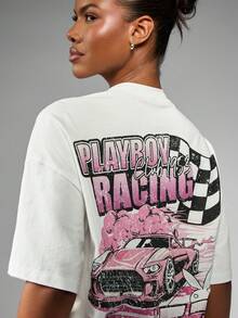 Missguided x Playboy Racing Club Vintage Style Cotton T-Shirt With Pink Racing Car Design Oversized Fit Basic Short Sleeve Casual Summer Streetwear - White - View 6
