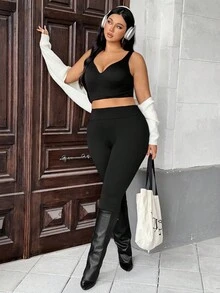 SHEIN Essnce 加大码女式保暖内衬紧身裤，收腹保暖冬季紧身裤，高腰瑜伽裤，寒冷天气健身瑜伽，黑色瑜伽裤，跑步、徒步、机场服装，女士冬季瑜伽裤 - 黑色 - 查看 5