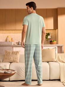 SHEIN Provexi 男士口袋圆领短袖上衣和格子裤睡衣套装 - 薄荷綠 - 查看 2