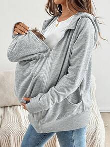 SHEIN 3-In-1 Maternity Hoodie Jacket With Pocket, Solid Color Pregnancy Sweatshirt Outerwear   Zip Up Hoodie   Fall Women Clothes - Grey - View 3