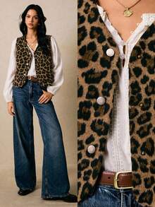 Poéselle 女式豹纹单排扣背心大衣