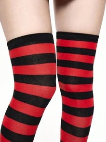 ROMWE Grunge Punk 1 Pair Gothic Style Red & Black Wide Striped Over-The-Knee Socks - Multicolor - View 2