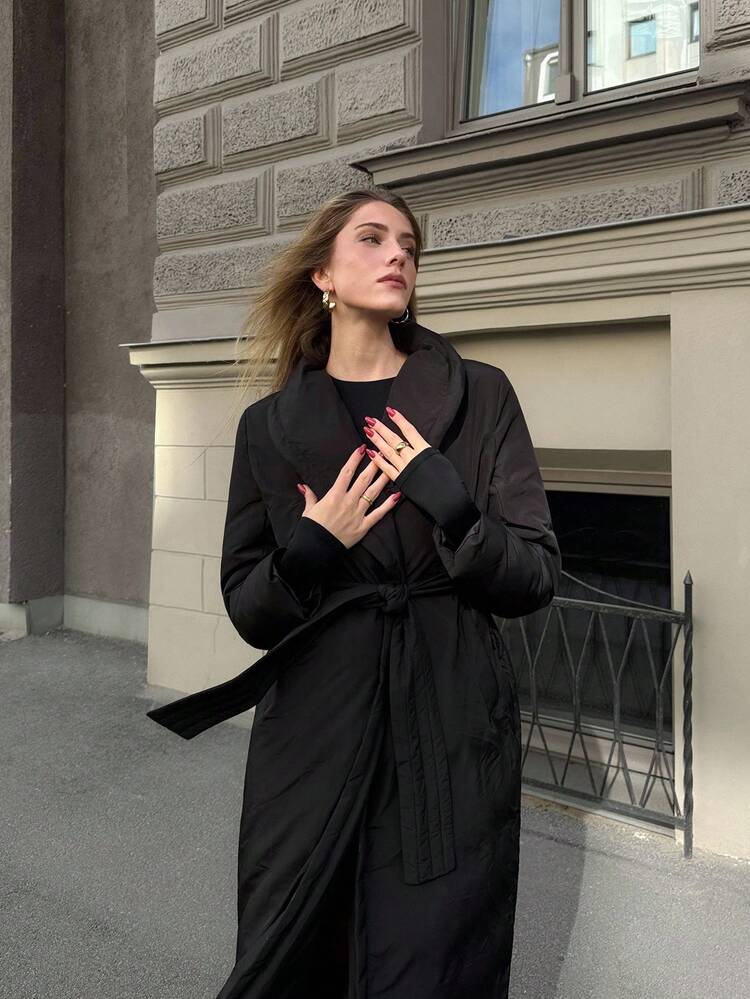 WOMEN SOLID BELTED LONGLINE WINTER COAT