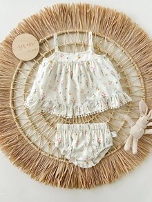 Bộ đồ liền thân họa tiết hoa kẻ sọc dễ thương mùa hè cho bé gái sơ sinh và quần short cạp chun - Nhiều màu - Xem 2