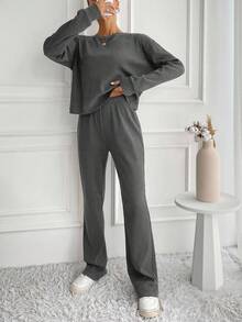 SHEIN Tall Women's Solid Color Crew Neck Long Sleeve Top And Pants 2 Pieces Set - Grey - View 4