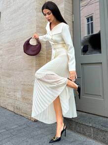 Firerie Elegant Women's Off-White 2 Pieces Set,Autumn Office Long Sleeve Top With Belt & Pleated Umbrella Chiffon Skirt,Business Casual Teacher Outfits Suit - Apricot - View 4