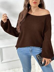 SHEIN Essnce Quần áo nữ cỡ lớn mùa thu mùa thu Quần áo nữ thời trang mới thường ngày đi làm vải chải thường ngày màu trơn màu xanh nước biển rộng rãi mặc nhiều lần (một bên vai, vai xiên, vai thường) Áo len dệt kim, áo len chui đầu hở vai, áo dài tay hở vai, áo len nữ mùa thu, - màu nâu - Xem 3