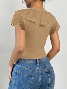 SHEIN Clasi 优雅白色蕾丝边镂空V领泡泡袖女式针织上衣 - 駝色 - 查看 2