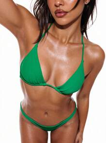 SHEIN Swim Set de bikini de cuello halter de unicolor para mujer con sujetador triangular para vacaciones, playa de verano - Verde - Ver 1