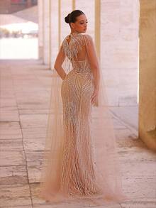 Glamrae 优雅奢华串珠亮片花卉两件套美人鱼连衣裙，适合婚礼、派对、度假、庆典、正式场合（重度装饰） - 卡其色 - 查看 5