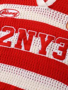 ROMWE MEN Prep 男士条纹字母刺绣宽松镂空针织衫，秋冬款，长袖上衣 - 紅色 - 查看 3