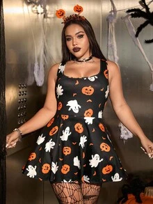 SHEIN EZwear 大码方领无袖荷叶边连体裤，万圣节 - 彩色 - 查看 5