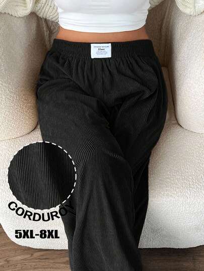 SHEIN CURVE+ Plus Size Women's High Waist Loose Corduroy Fabric Pants With Pockets & Patch Design, Suitable For Campus, Daily Wear, Indoor Work, Autumn/Winter/Autumn /Winter