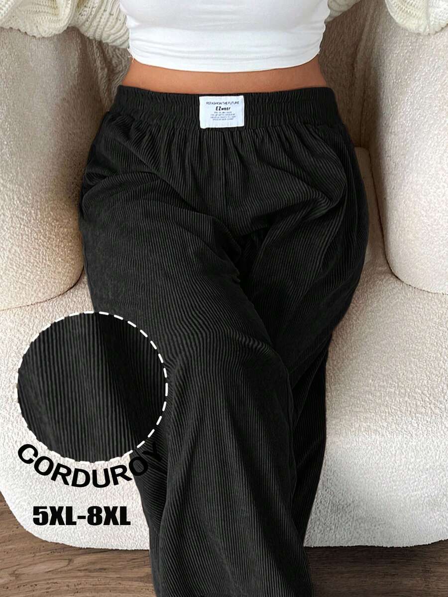 SHEIN CURVE+ 大码女式高腰宽松灯芯绒面料裤子，带口袋和贴片设计，适合校园、日常穿着、室内工作、秋冬