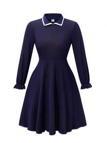 Tween Girl 法式优雅束腰连衣裙，海军蓝，春/秋/冬 - 黑色 - 查看 6