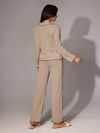 Laze Loose Oversized Super Zachte Draped Lightweight Knit Kaki Fabric Women Ruffle Long Sleeve Top Pants Pajama Set, Fall Clothes view 2