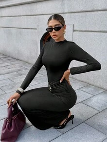 Chiquease Váy ôm dáng xếp ly kim loại tối giản thanh lịch dành cho nữ - màu đen - Xem 5