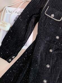 Franclia Long Sleeve Solid Color Black & Gold Lace Trim Dress, Elegant Style For Autumn/Winter - Black - View 4