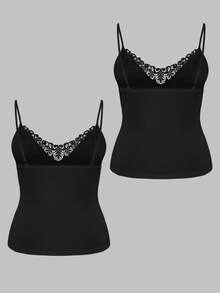 SHEIN LUNE Plus Size Lace Patchwork Solid Color Camisole 2 Pieces Set - Black - View 2