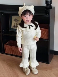 DAZY 女婴荷叶边领韩版蝴蝶结长袖毛衣裤套装，奶油色女婴套装，泡泡袖女婴套装，幼儿女童服装 - 米色 - 查看 7