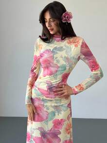 Aloruh 新款花卉网眼印花派对长袖修身连衣裙，度假风格，秋冬 - 杏色 - 查看 7