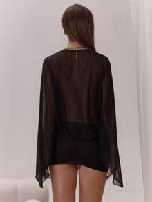 MUSERA Sheer Plunge Front Flared Sleeve Mini Dress Classy Sexy Night Out Occasion Vacation Layered Party Elegant Summer Outfit Holiday - Black - View 2