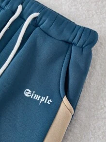 SHEIN Playful Pals 2 件套幼儿男童运动服套装，字母印花“SIMPLE”设计，套头连帽衫和配套裤子，舒适休闲装，适合日常、运动、街头、学校、家庭搭配、秋冬 - 彩色 - 查看 5