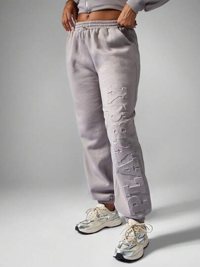 Missguided x Playboy Pantalones de chándal con logo en relieve, cómodos y acogedores para el invierno, con cordón en la cintura y elástico en los tobillos, estilo casual de calle, pantalones cómodos para el gimnasio, moda de otoño