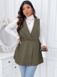 Calvaya Plus Size Solid Color Drawstring Waist Sleeveless Casual Versatile Jacket - Army Green - View 4