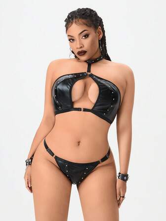 Grunge Punk Set di lingerie con reggiseno a fascia e perizoma con pendente a forma di capezzolo, in stile punk scuro, taglie comode